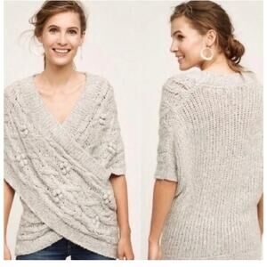 Anthropologie Sleeping on Snow Gray Cable Knit Crossover Wrap Sweater Size L